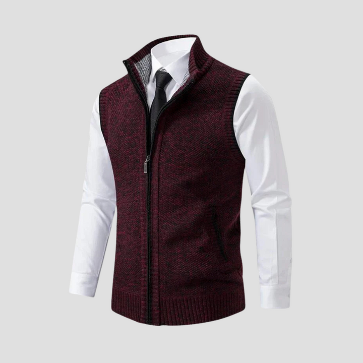 Close-up of a men's knitted zip gilet, highlighting the knit texture and quality for smart casual wear.