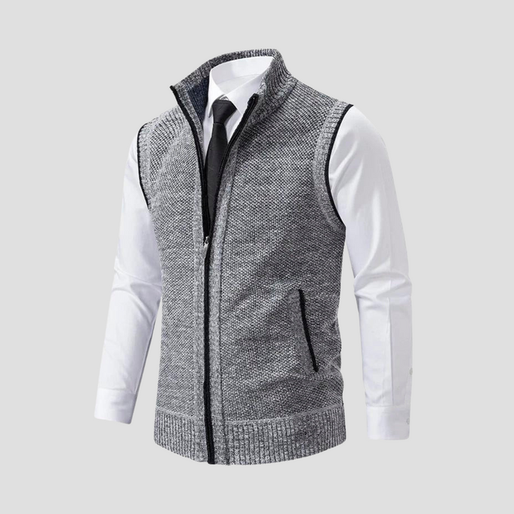 Men's versatile knitted vest with full zip, ideal for smart casual layering, comfort, and fashion.