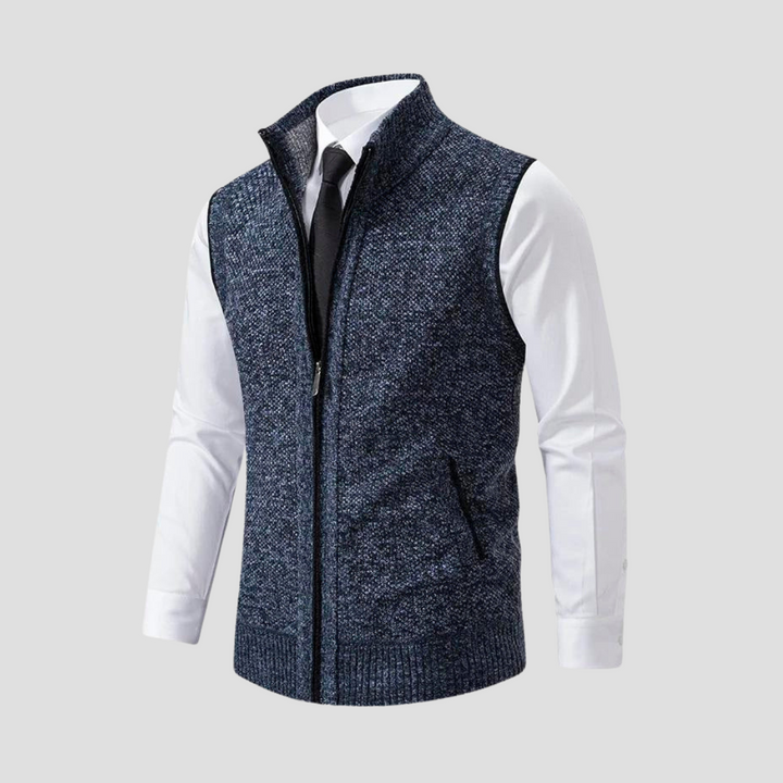 Model wearing a men's knitted zip gilet, demonstrating smart casual style and effortless layering.
