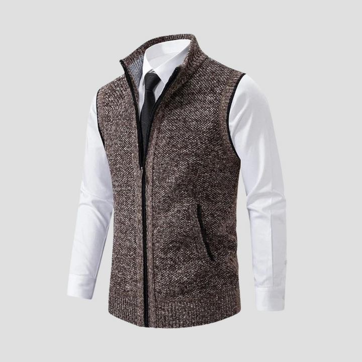Sleek men's knitted zip gilet, a timeless smart casual piece for effortless layering and sophisticated style.