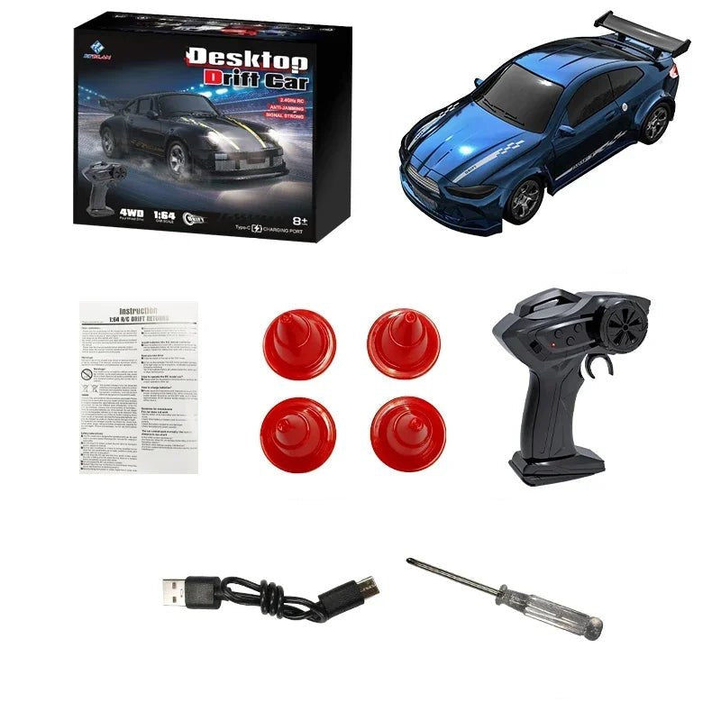Remote control unit next to a mini 4WD RC car, highlighting stable and easy operation.