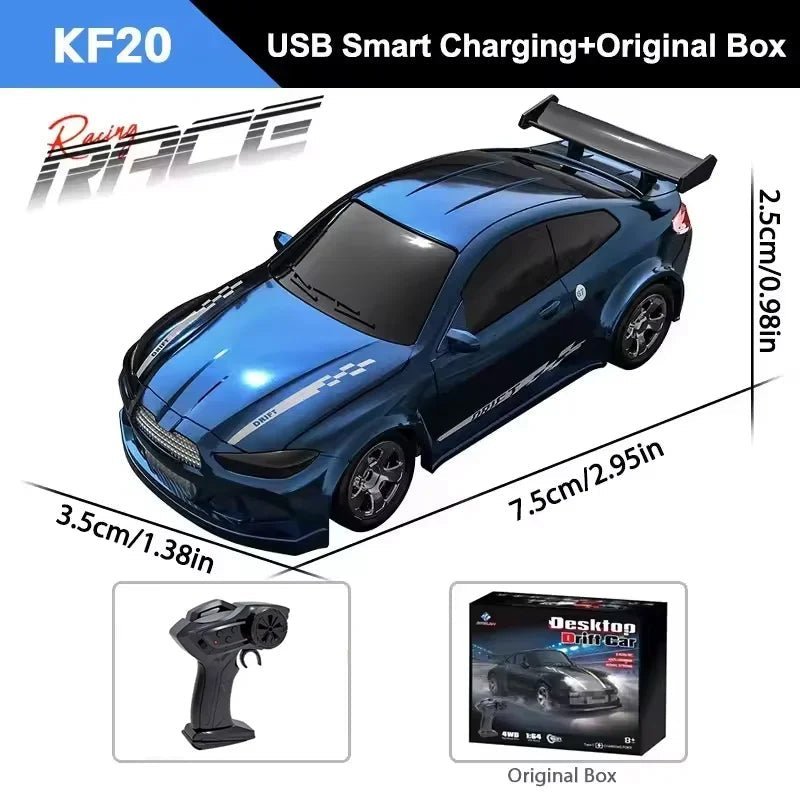 Side profile of a mini 4WD RC car, showcasing its aerodynamic design for fast acceleration.