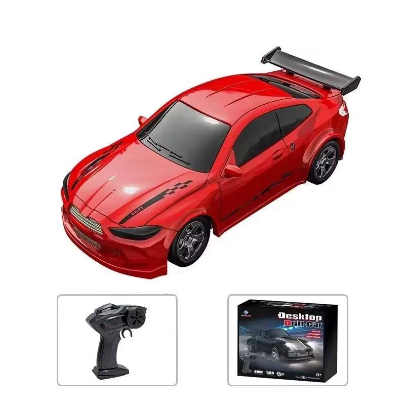 Remote control toy car in action, showcasing its stable 4WD drift capabilities and speed.