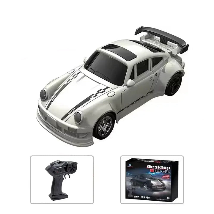 Dynamic shot of a mini RC racing car, emphasizing its fast acceleration and stable 4WD grip.