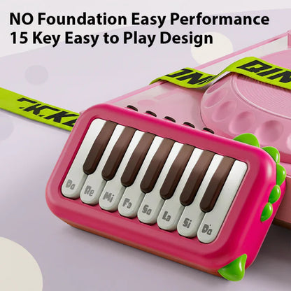 Close-up of a mini electronic portable piano showing lighted keys, an ideal educational music toy