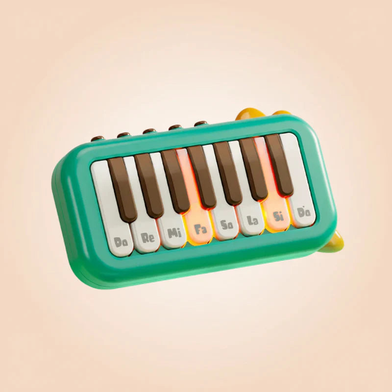 Child enjoying a mini electronic piano, a portable keyboard with lighted keys for learning