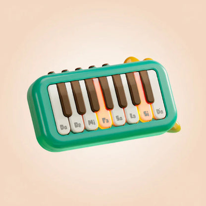 Child enjoying a mini electronic piano, a portable keyboard with lighted keys for learning