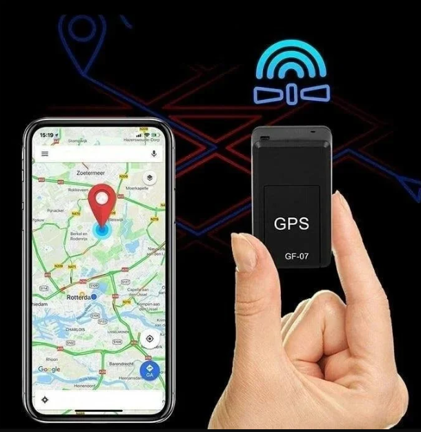 Handheld mini GPS tracker on a white background, highlighting its compact size for portable global tracking.