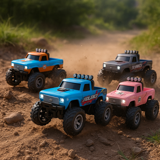 Mini RC Monster Truck with LED lights, durable alloy body, red finish, for kids