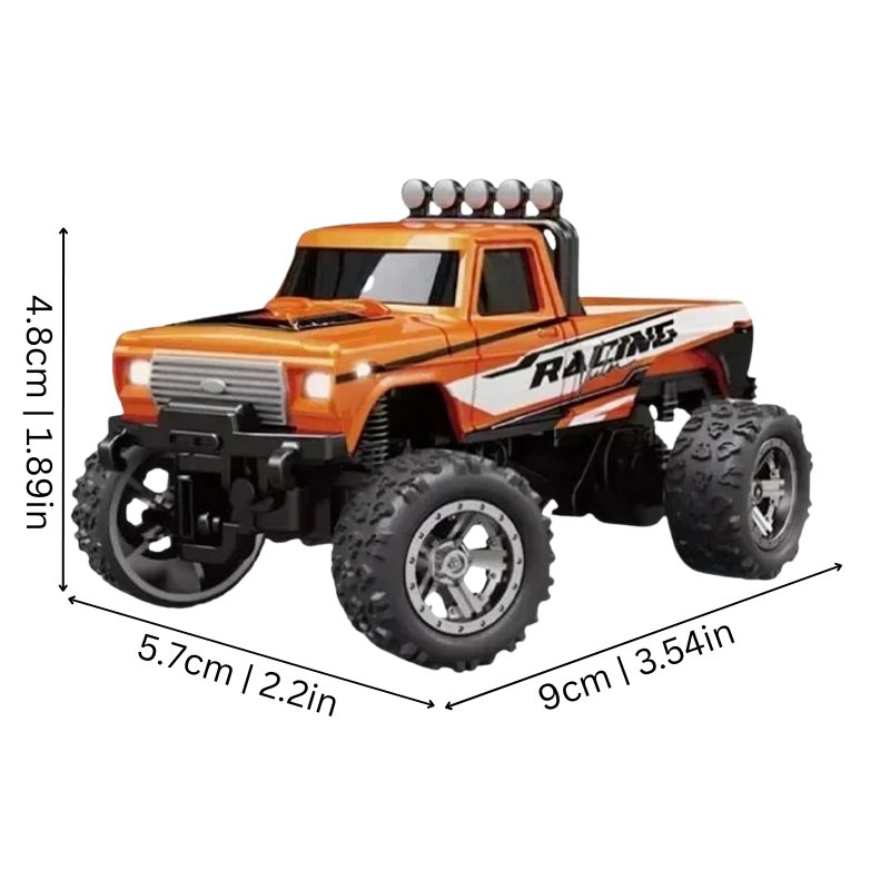 Remote control mini monster truck toy, black and red, with bright LED headlights