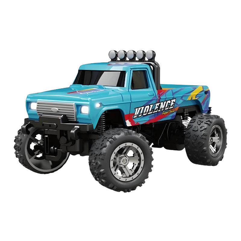 Red mini RC monster truck, off-road design, with glowing LED lights, remote control