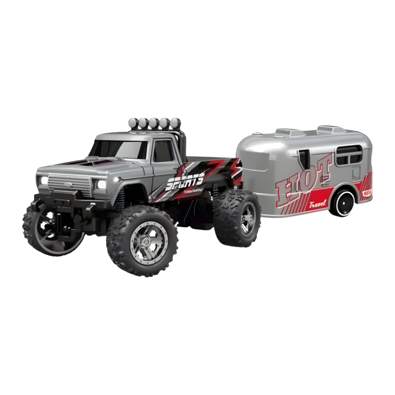 Mini remote control monster truck, dark color, with vibrant LED lights on display