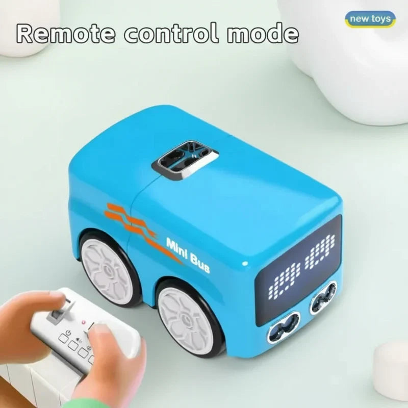 Blue Mini Remote Control Stunt Car racing on a textured surface, high-speed toy vehicle