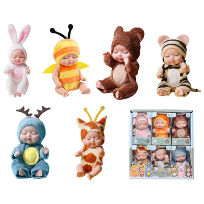Mini Reborn Baby Doll Set of 6 lifelike dolls with animal outfits, perfect for kids' nurturing play.