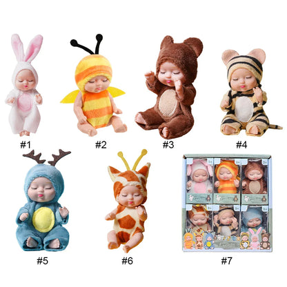 Six realistic reborn mini baby dolls, each with unique animal-themed outfits and movable joints.