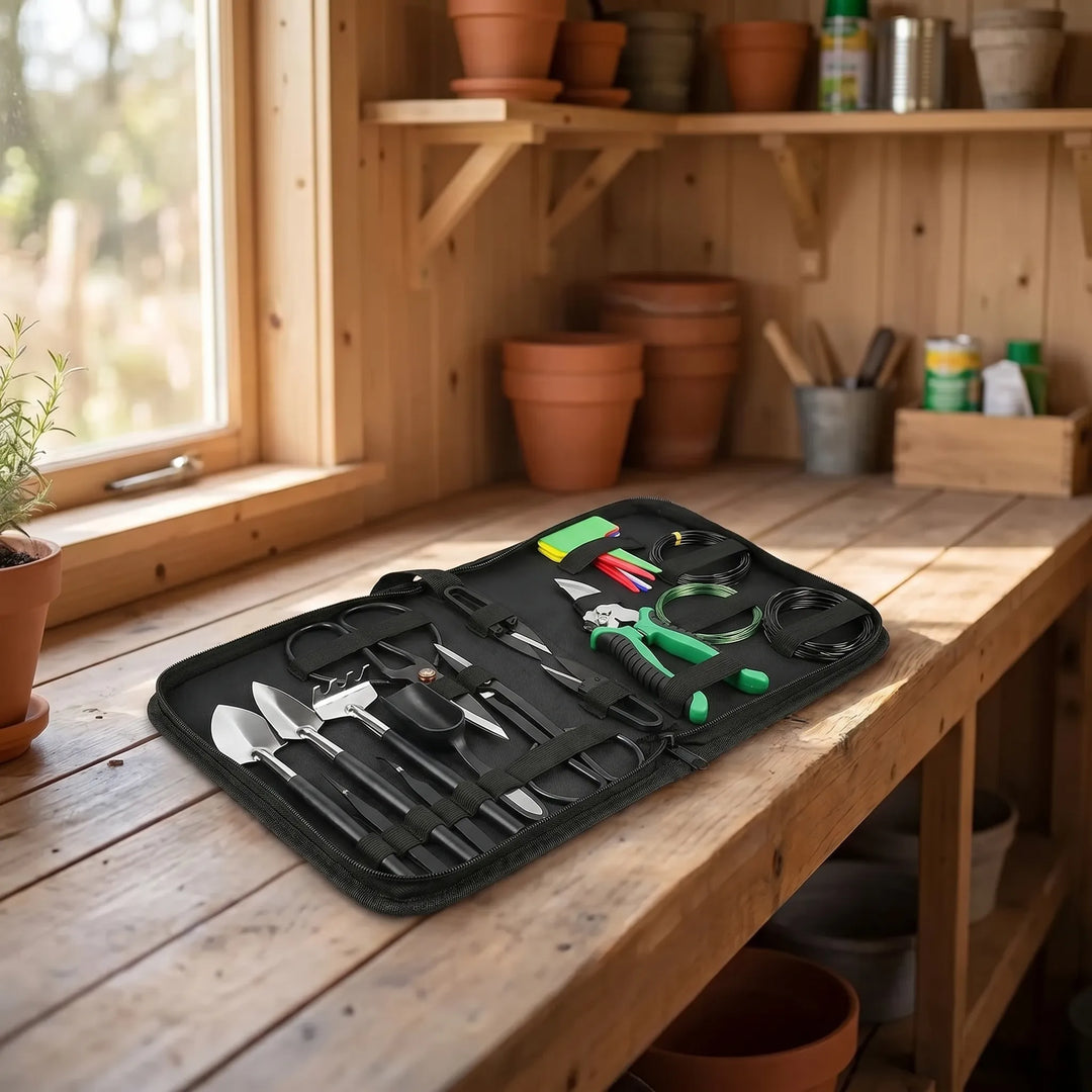 Miniature bonsai gardening tool set for precise plant care & tree training. Includes pruning shears & shaping tools.