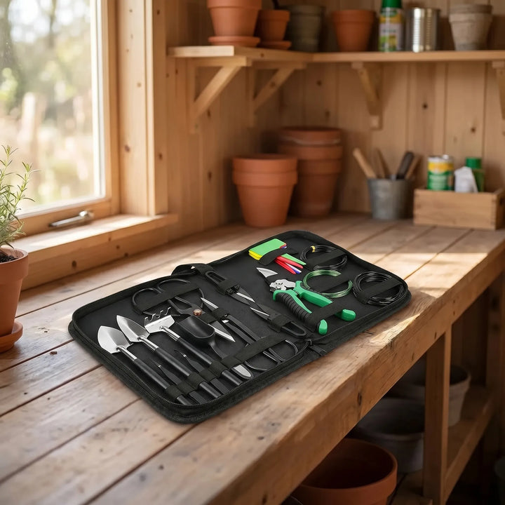 Miniature bonsai gardening tool set for precise plant care & tree training. Includes pruning shears & shaping tools.