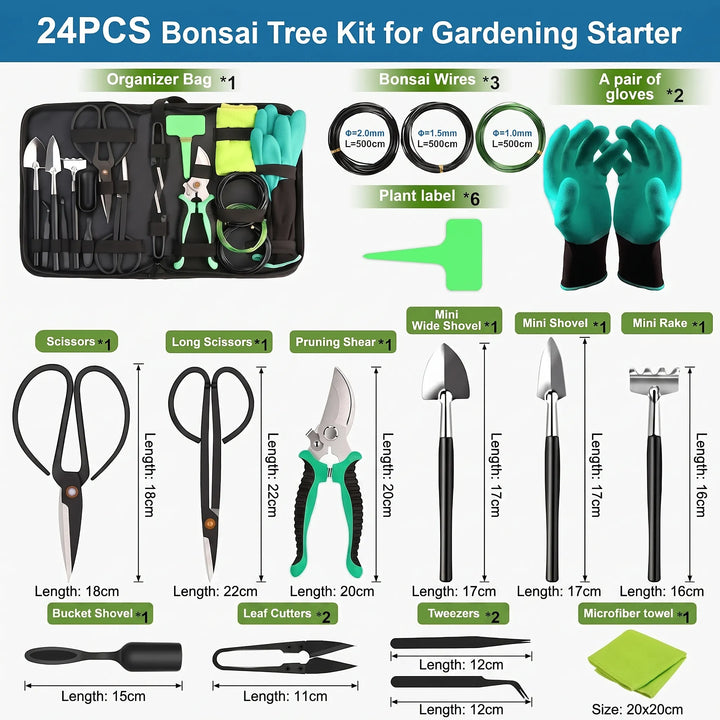 Complete miniature plant care kit: bonsai gardening tools, pruning shears, and shaping essentials for horticulture.