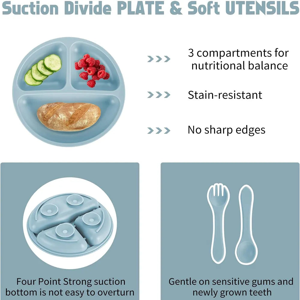 Dark pink silicone baby mealtime solution with suction plate, bib, spoon & fork for toddlers
