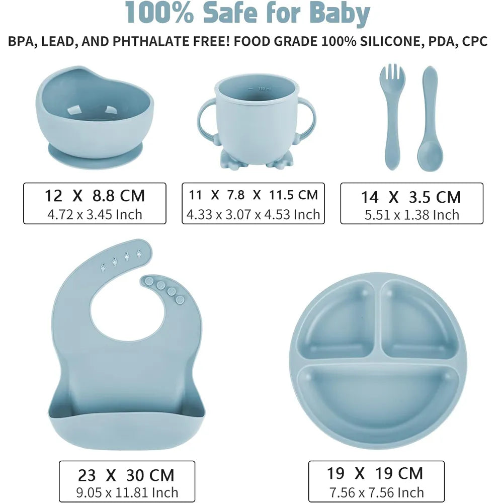 Baby silicone tableware set in mint green for self-feeding, includes plate, bib, spoon, fork