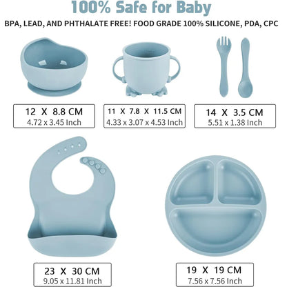 Baby silicone tableware set in mint green for self-feeding, includes plate, bib, spoon, fork