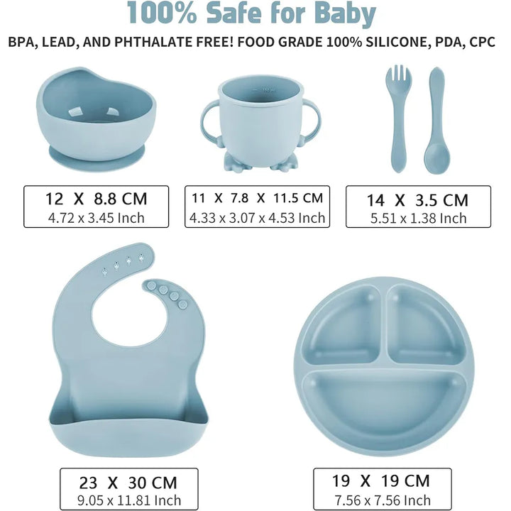 Baby silicone tableware set in mint green for self-feeding, includes plate, bib, spoon, fork
