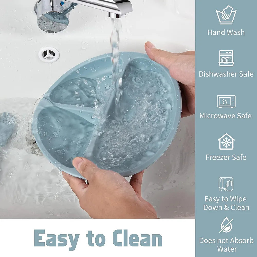 Baby self-feeding solution: mint green silicone set with partitioned suction plate & bib