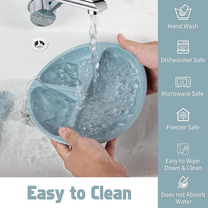 Baby self-feeding solution: mint green silicone set with partitioned suction plate & bib