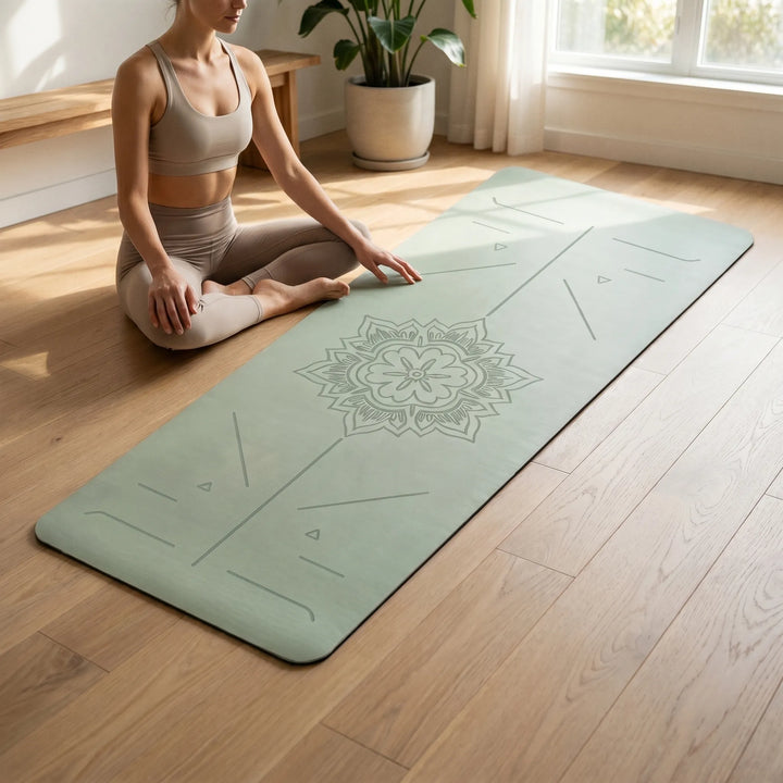 Mint green unisex exercise mat with guided alignment lines for yoga, pilates & home workouts.