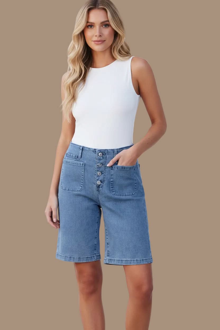 Pair of trendy high-waist Bermuda shorts for women, designed for a relaxed and flattering fit in summer.