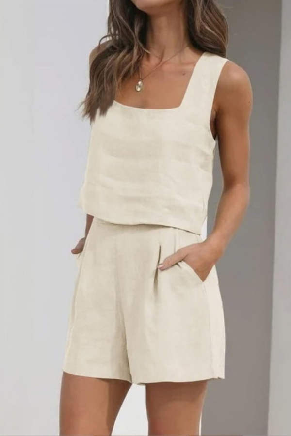 Close-up of a stylish women's summer shorts set, ideal for beachwear, resort, or coastal vacation style.