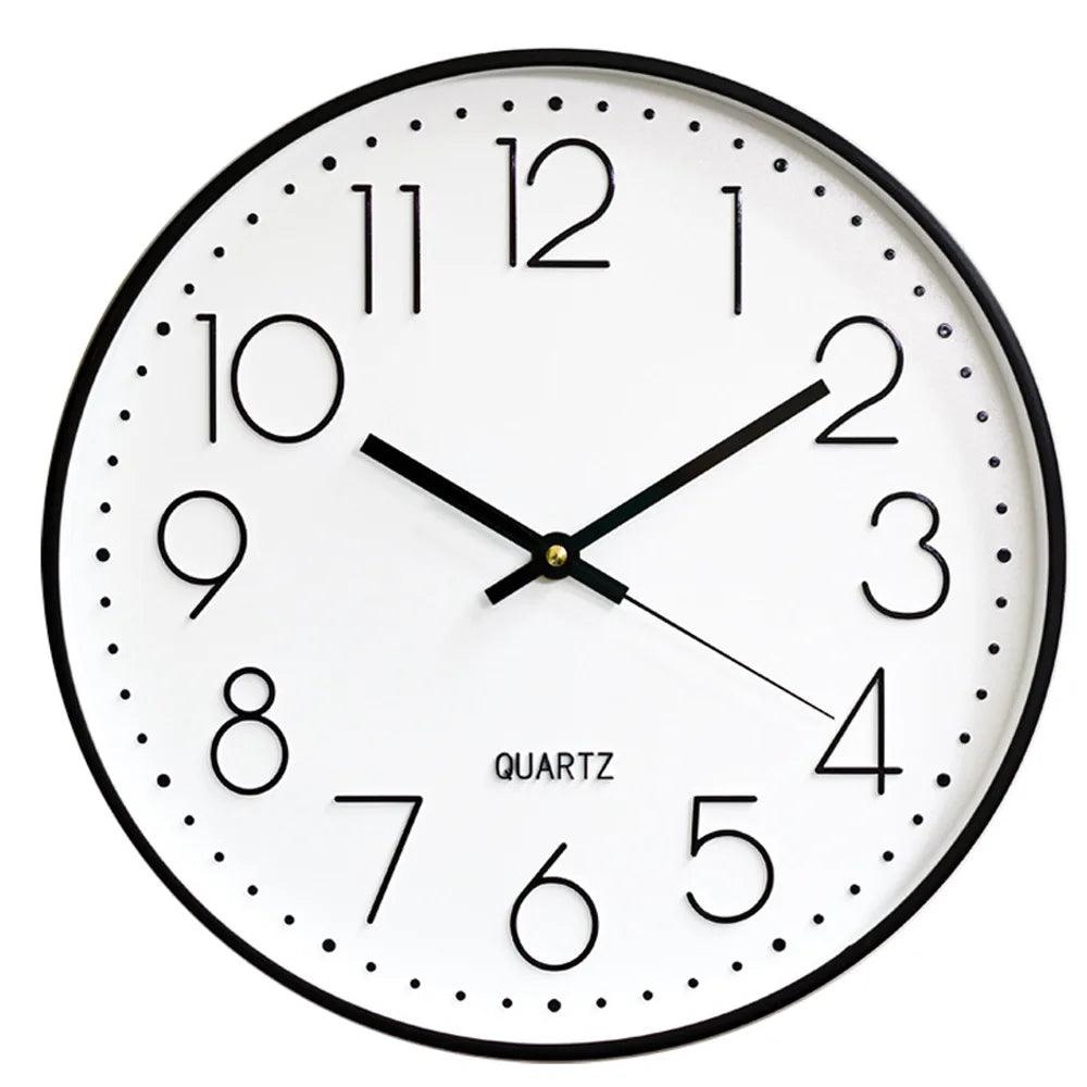 Quiet 12-inch quartz wall clock for bedroom. Non-ticking, modern round design, ideal for peaceful decor.