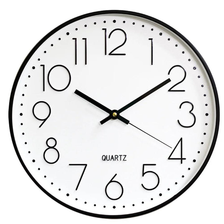 Quiet 12-inch quartz wall clock for bedroom. Non-ticking, modern round design, ideal for peaceful decor.