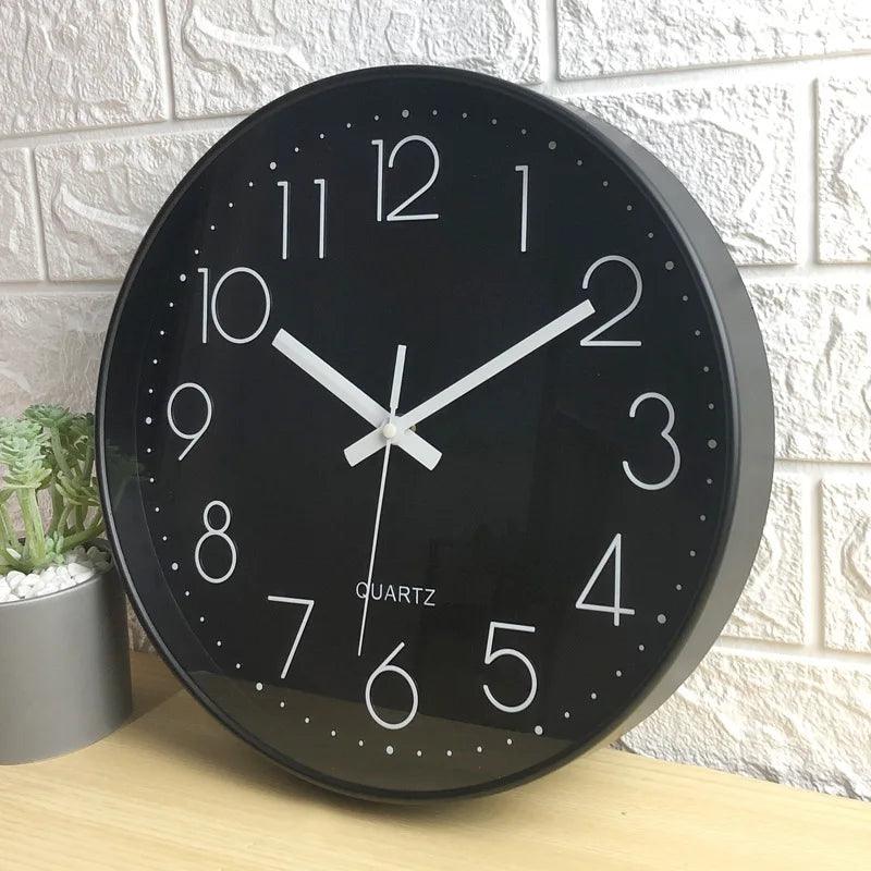 Sleek 12-inch modern silent wall clock, quiet quartz movement, minimalist design for contemporary homes.