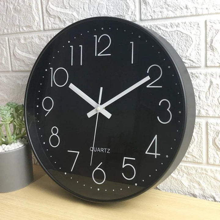Sleek 12-inch modern silent wall clock, quiet quartz movement, minimalist design for contemporary homes.
