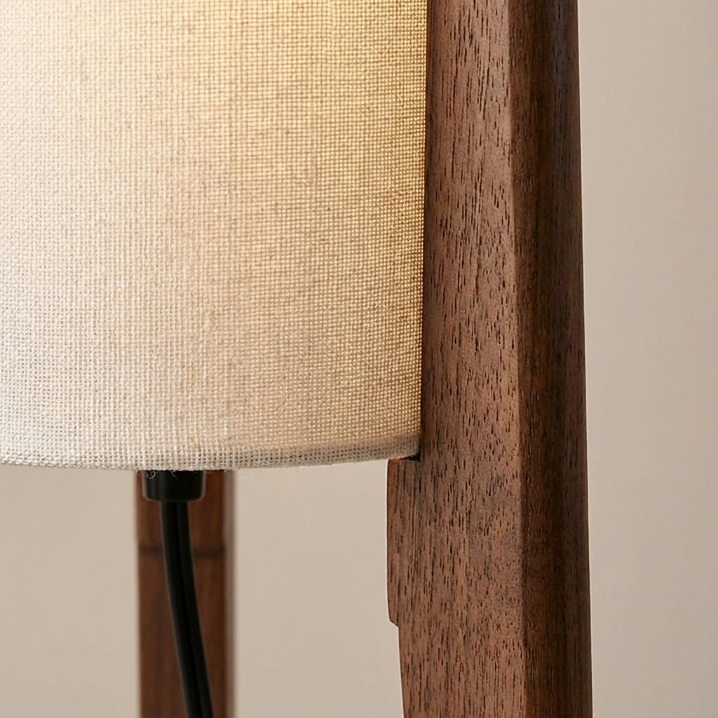 Elegant ambient floor lamp, a modern wood design enhancing living room decor with gentle illumination.