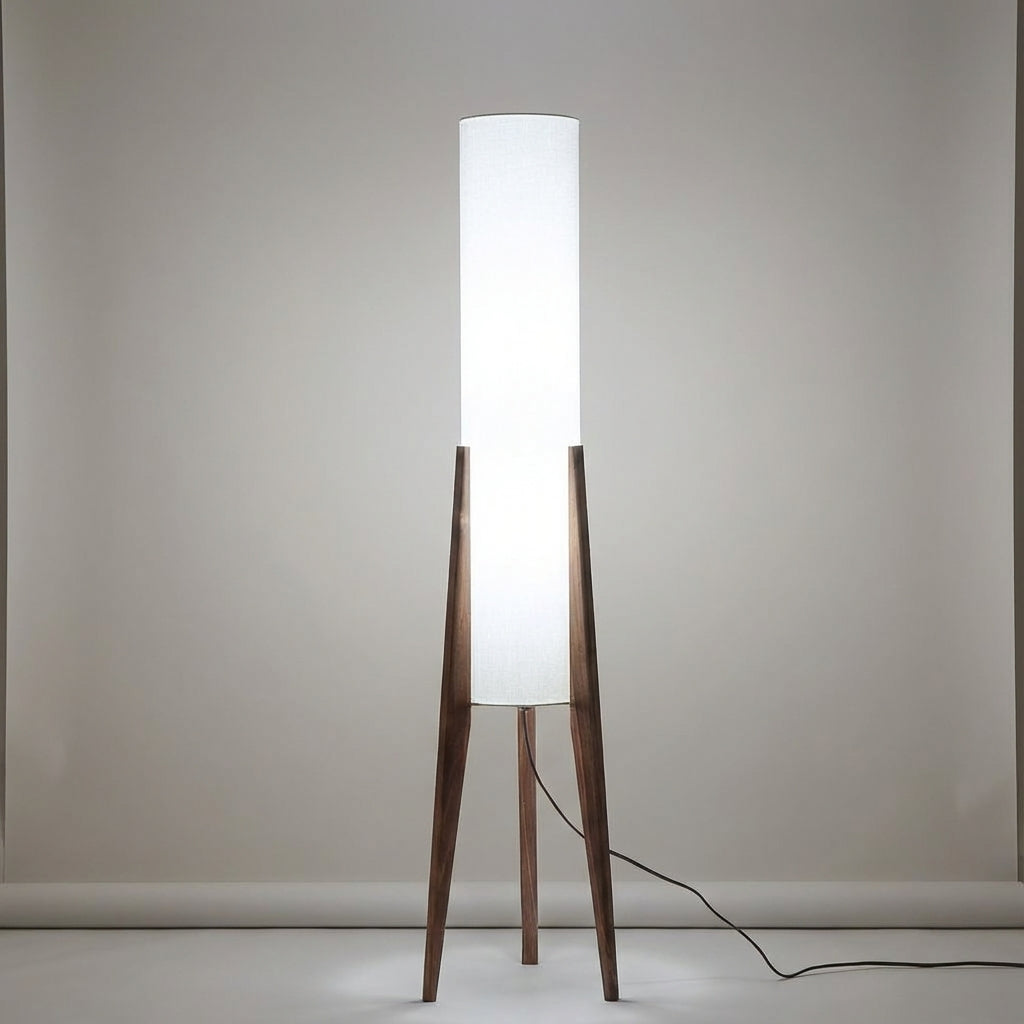 Contemporary wood floor lamp, perfect for ambient lighting in a stylish living room; LED compatible.
