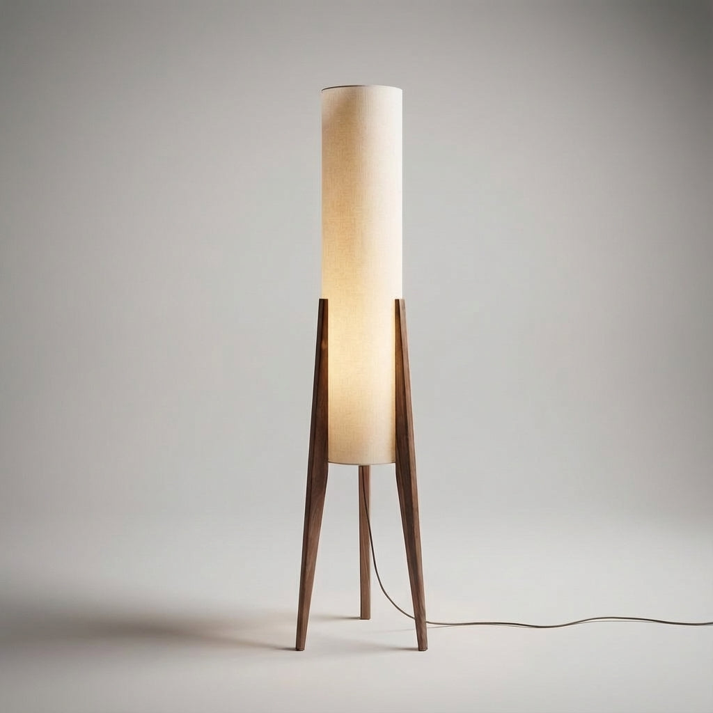 Stylish ambient living room floor lamp with a modern wooden base, creating a cozy and elegant atmosphere.