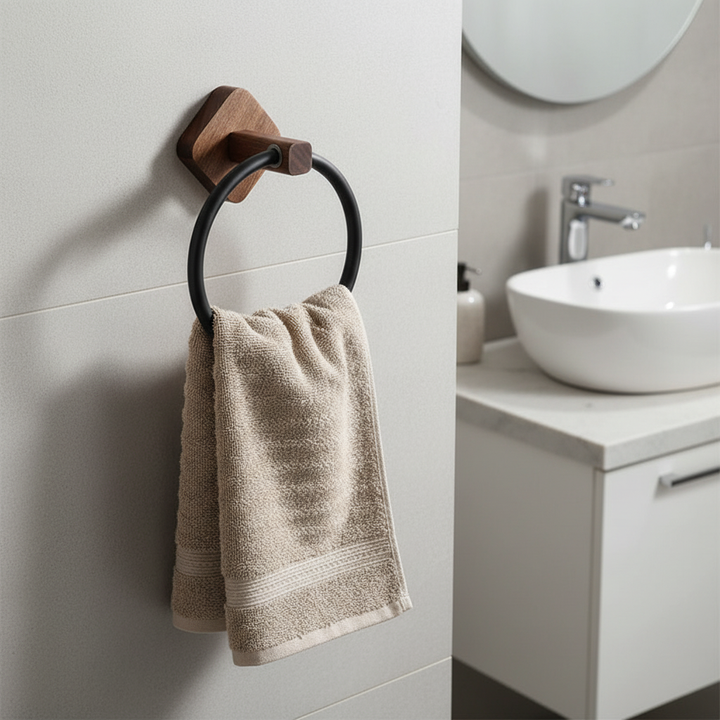 Modern bathroom wall-mounted towel ring with sleek aluminum and warm wood accent. Scandinavian home decor.