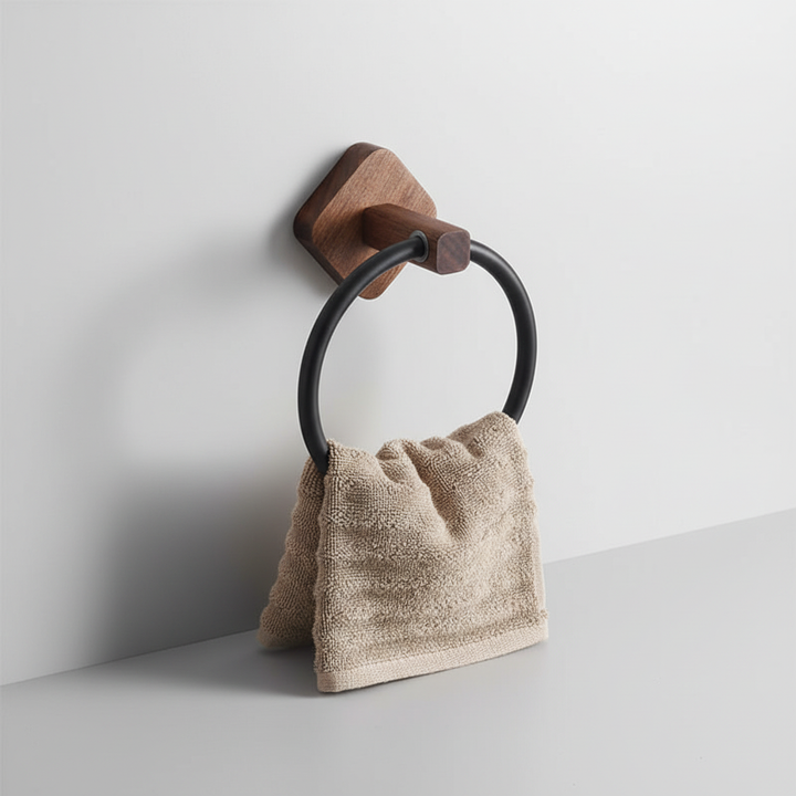 Wall mount towel ring, moisture-resistant wood & aluminum. Ideal bathroom organizer & storage solution.