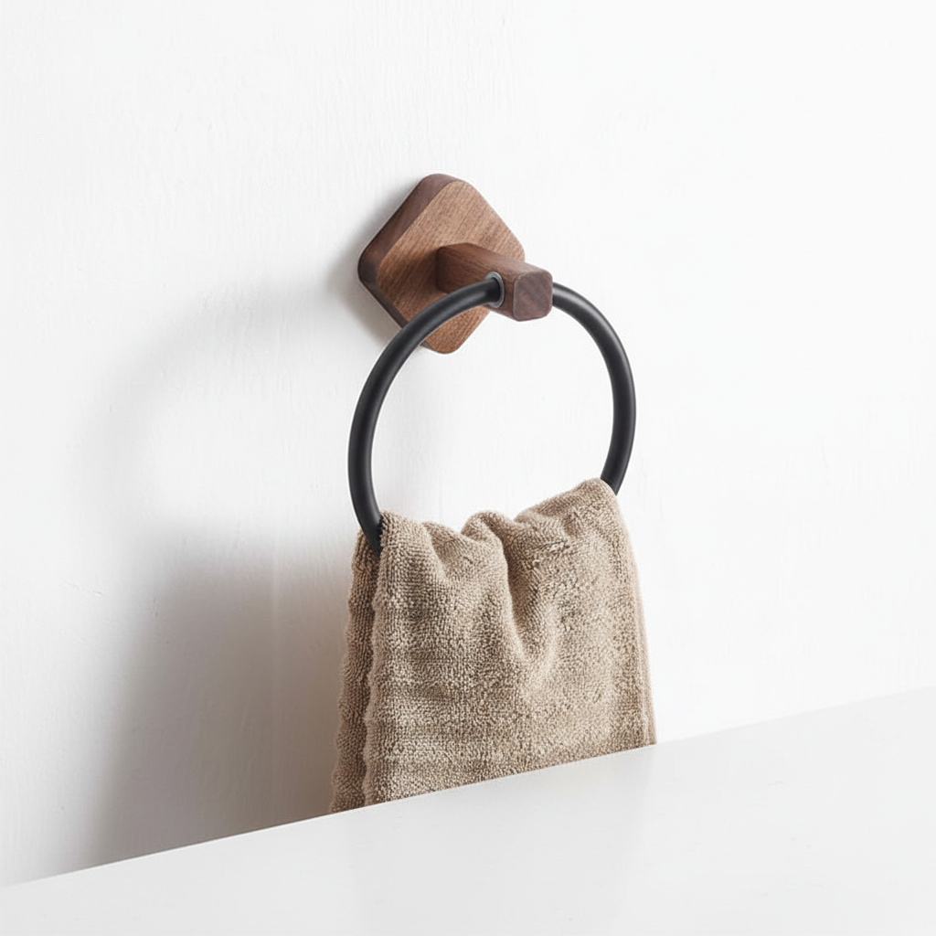 White aluminum towel ring with dark wood accent. Stylish wall mount for bathroom storage & home decor.