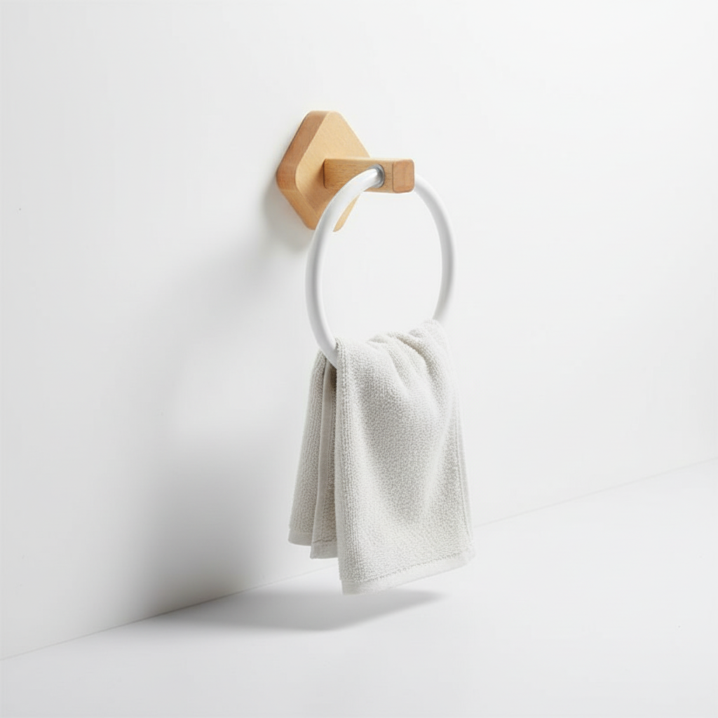 Minimalist wall-mounted towel ring. Aluminum frame with natural wood accent for modern bathroom decor.