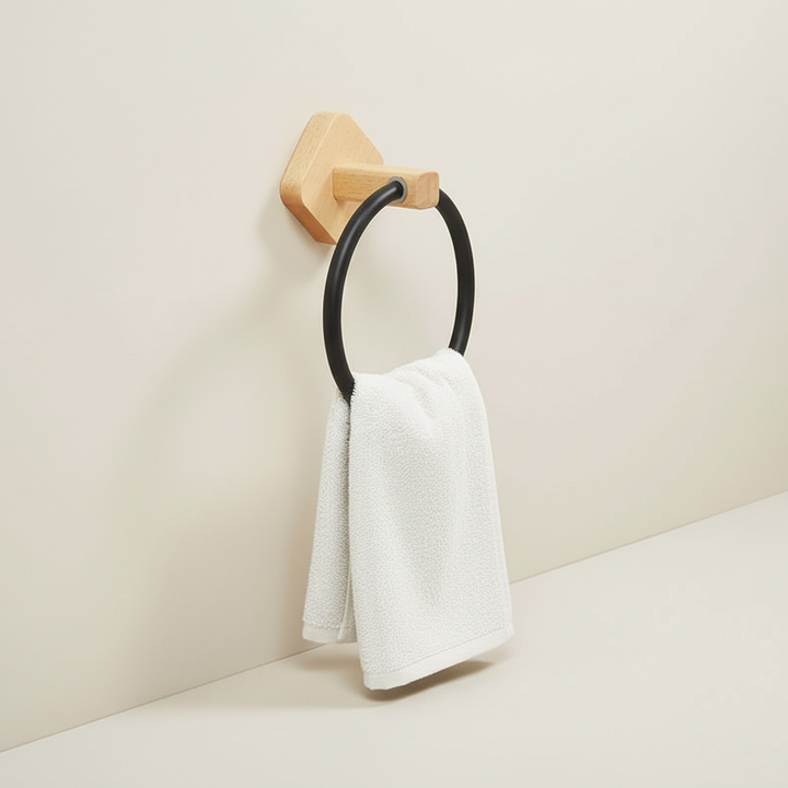 Durable wood & aluminum towel ring, wall-mounted for easy bathroom organization. Moisture resistant.
