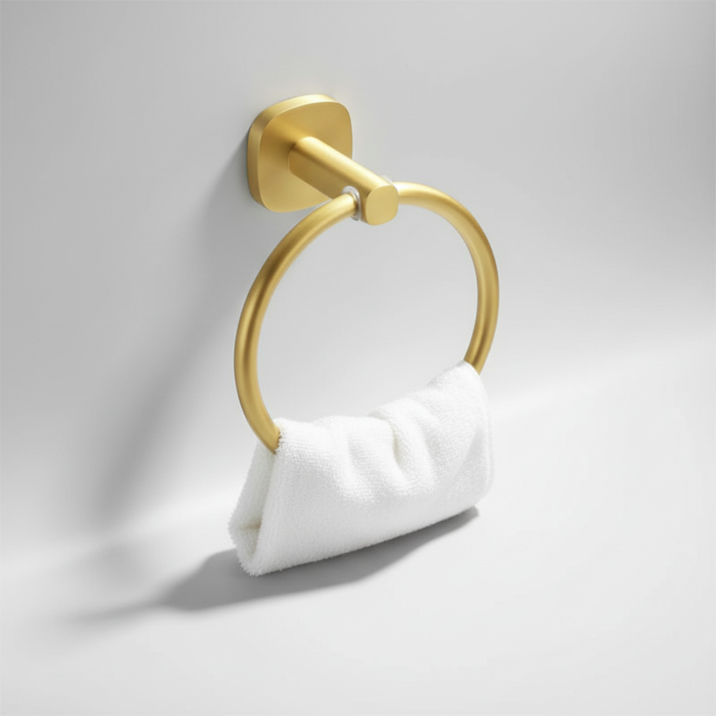 WoodenHalo wall-mounted towel ring. Modern wood & aluminum design, perfect bathroom organizer.