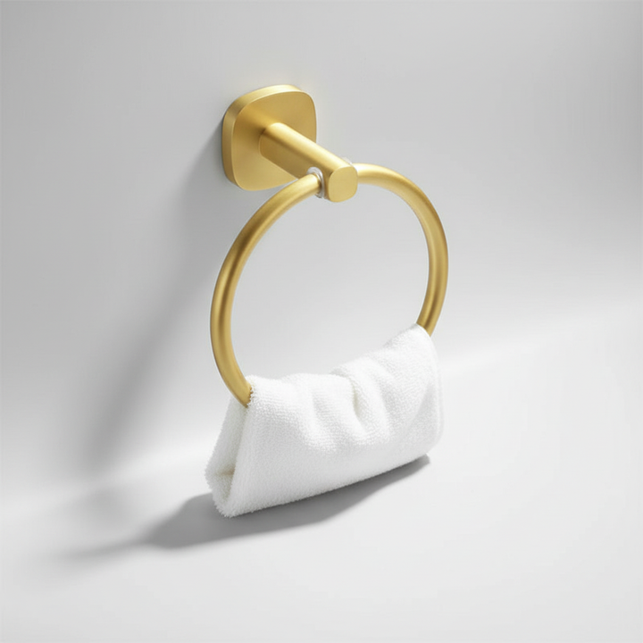 WoodenHalo wall-mounted towel ring. Modern wood & aluminum design, perfect bathroom organizer.
