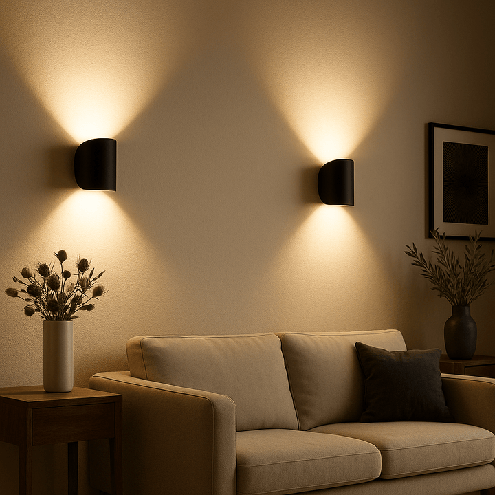 Contemporary LED wall sconce, BRIGHTFLOW model. Ideal energy-efficient ambient lighting for bedroom or hallway.