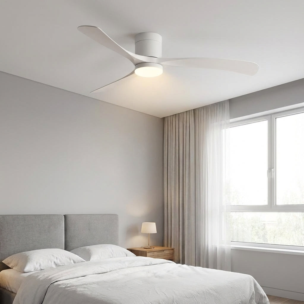 Modern ceiling fan with integrated LED light, offering quiet cooling and contemporary home decor.