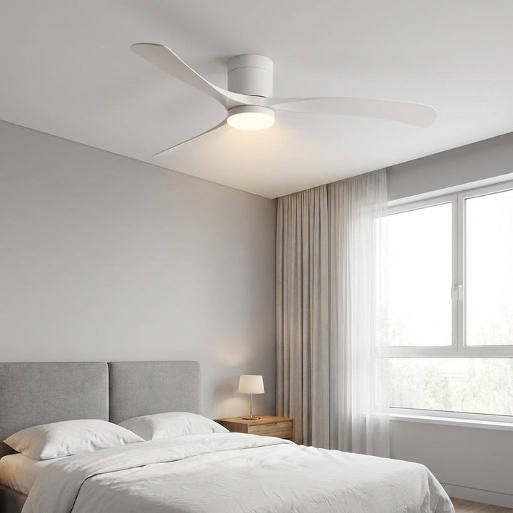 Modern ceiling fan with integrated LED light, offering quiet cooling and contemporary home decor.