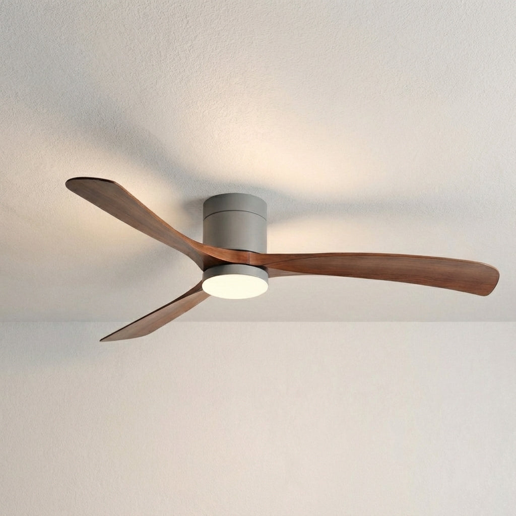 Contemporary ceiling fan with light, controlled by remote for quiet comfort and versatile LED home lighting.