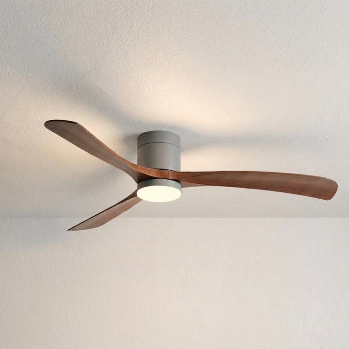 Contemporary ceiling fan with light, controlled by remote for quiet comfort and versatile LED home lighting.